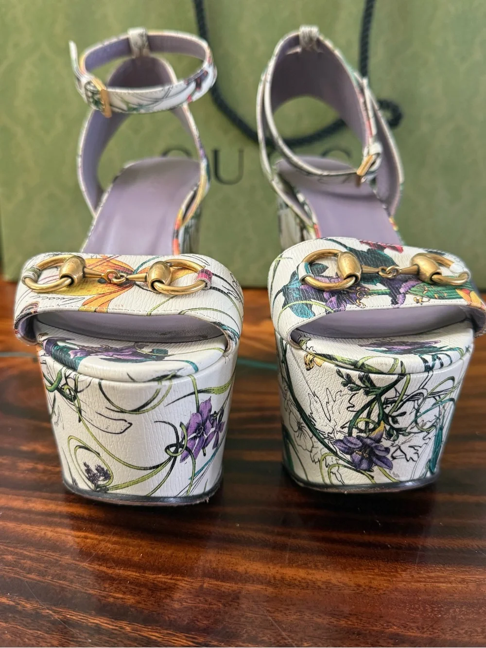 Gucci Floral Platform Sandals in White with Lavender Insole and Gold Hardware